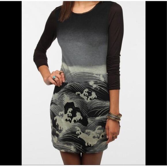 Silence & Noise bodycon the Wave dress long sleeve stretch black/gray SZ LG-flaw - Picture 1 of 10